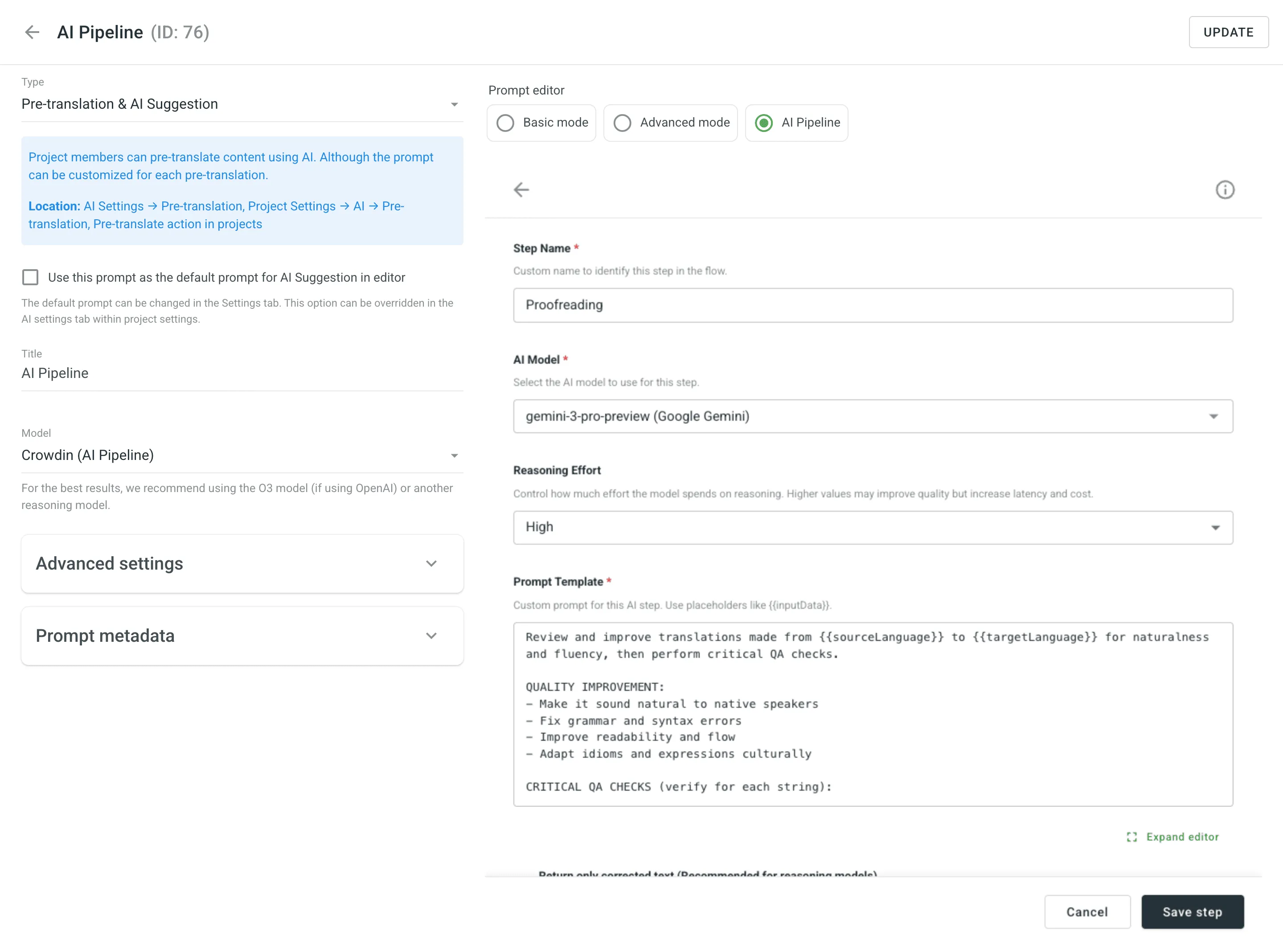 crowdin ai pipeline pre-translation