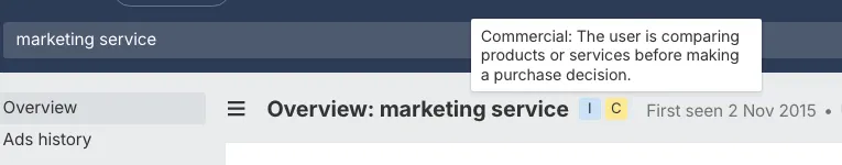 search intent of a keyworf "marketing service", Ahrefs